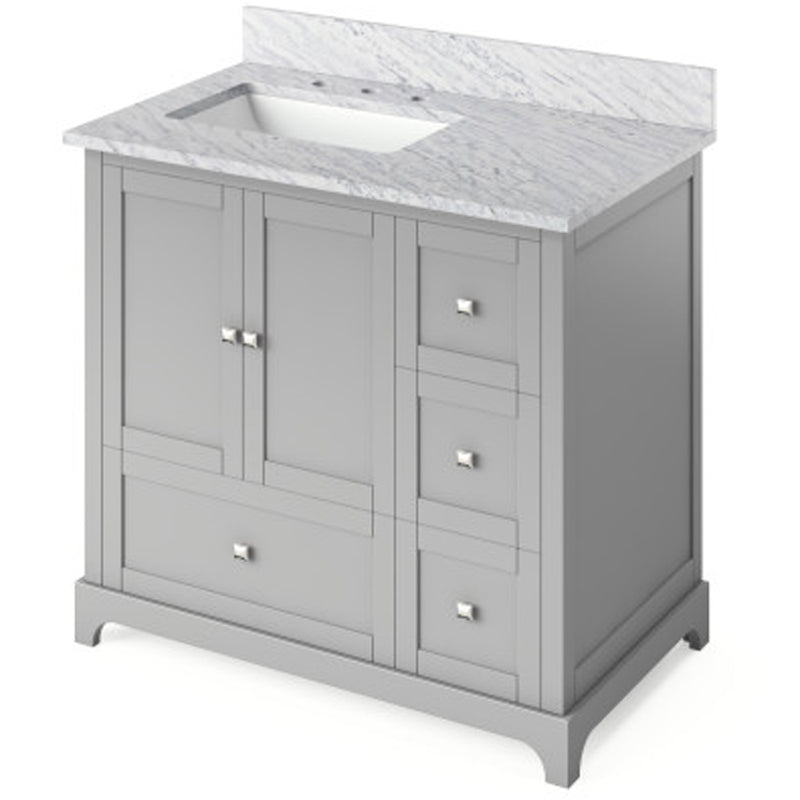 Jeffrey Alexander 36" Gray Addington Left Offset with White Carrara Marble Vanity Top Rectangle Bowl