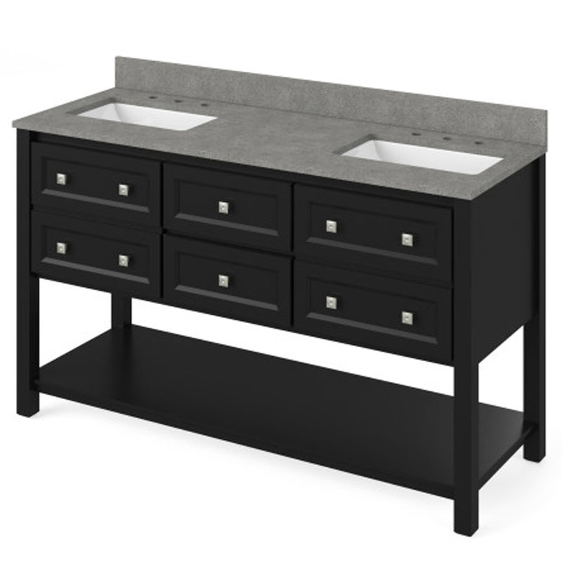 Jeffrey Alexander 60" Black Adler Double Bowl with Steel Gray Cultured Marble Vanity Top