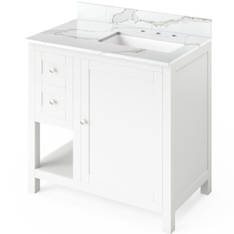 Jeffrey Alexander 36" White Astoria Right Offset with Calacatta Vienna Quartz Vanity Top Rectangle Bowl