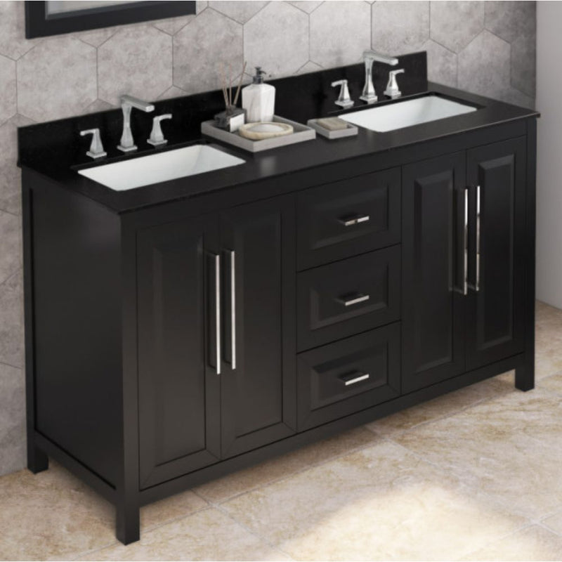 Jeffrey Alexander 60" Black Cade Vanity Double Rectangle Bowl with Black Granite Vanity Top