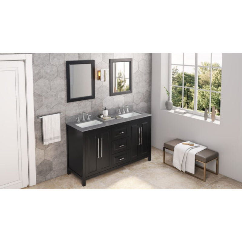 Jeffrey Alexander 60" Black Cade Vanity Double Rectangle Bowl with Steel Gray Cultured Marble Vanity Top