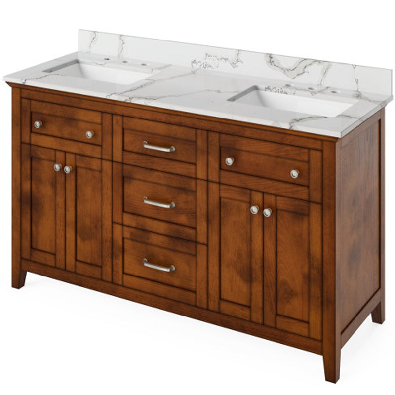 Jeffrey Alexander 60" Chocolate Chatham Double Bowl with Calacatta Vienna Quartz Vanity Top