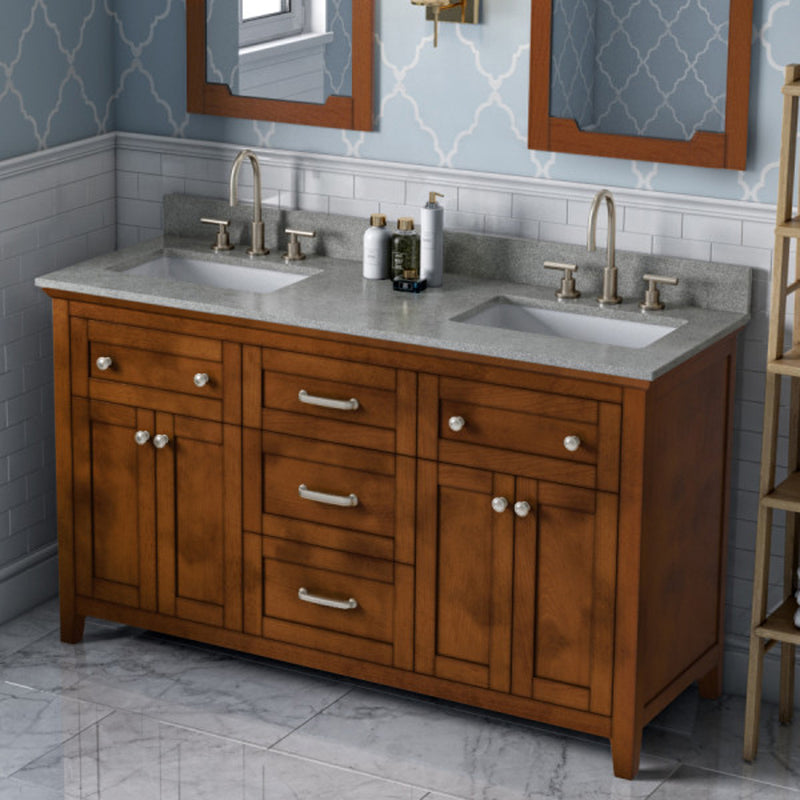 Jeffrey Alexander 60" Chocolate Chatham Double Bowl with Steel Gray Cultured Marble Vanity Top