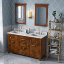 Jeffrey Alexander 60" Chocolate Chatham Double Bowl with White Carrara Marble Vanity Top