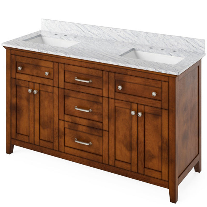 Jeffrey Alexander 60" Chocolate Chatham Double Bowl with White Carrara Marble Vanity Top