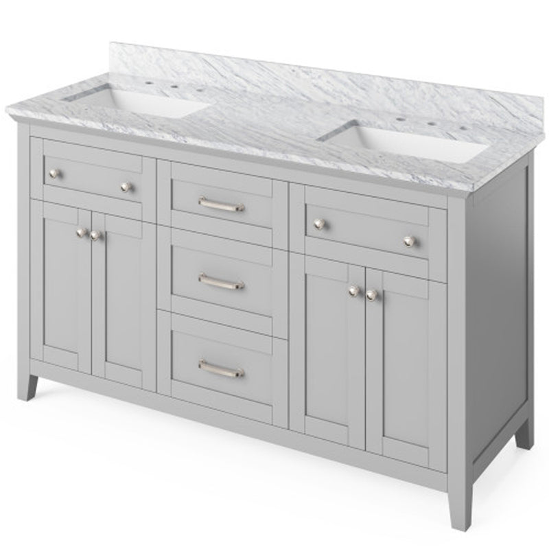 Jeffrey Alexander 60" Gray Chatham Double Bowl with White Carrara Marble Vanity Top