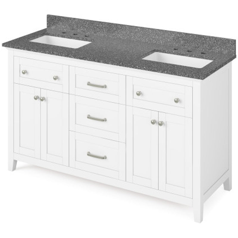 Jeffrey Alexander 60" White Chatham Double Bowl with Boulder Cultured Marble Vanity Top Two