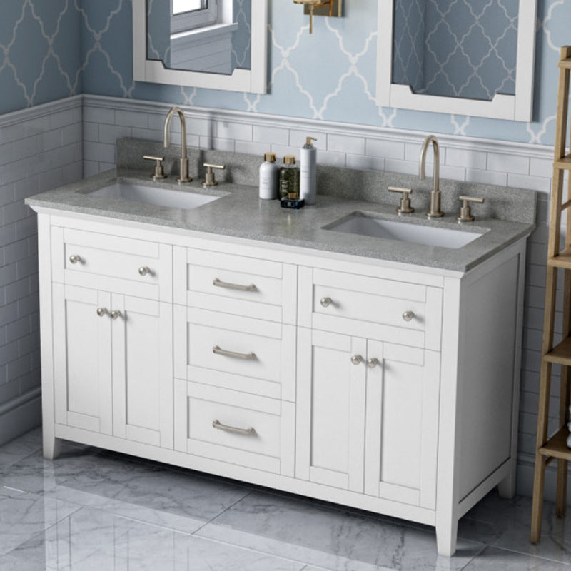 Jeffrey Alexander 60" White Chatham Double Bowl with Steel Gray Cultured Marble Vanity Top