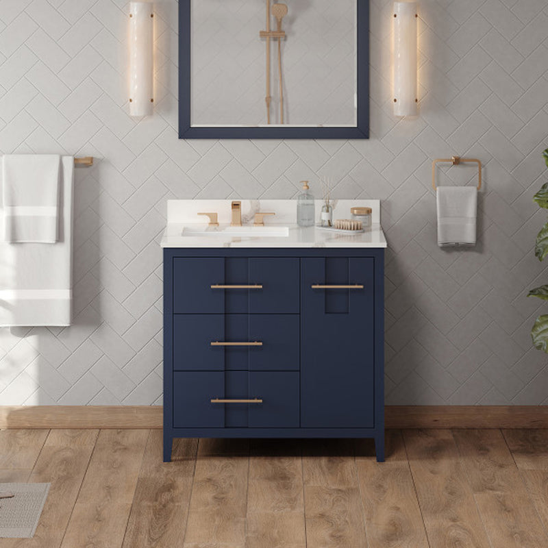 Jeffrey Alexander 36" Hale Blue Katara left offset with Calacatta Vienna Quartz Vanity Top