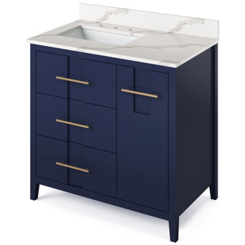 Jeffrey Alexander 36" Hale Blue Katara left offset with Calacatta Vienna Quartz Vanity Top