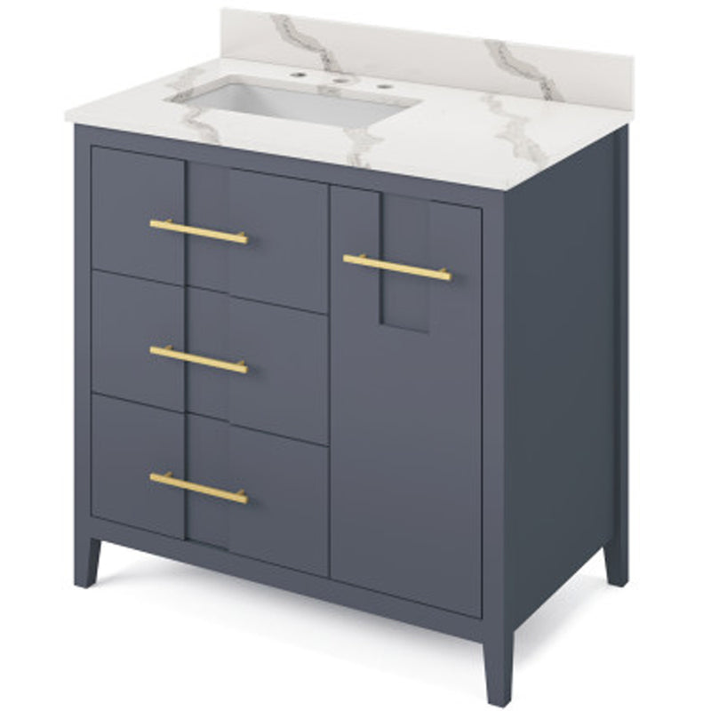 Jeffrey Alexander 36" Blue Steel Katara left offset with Calacatta Vienna Quartz Vanity Top