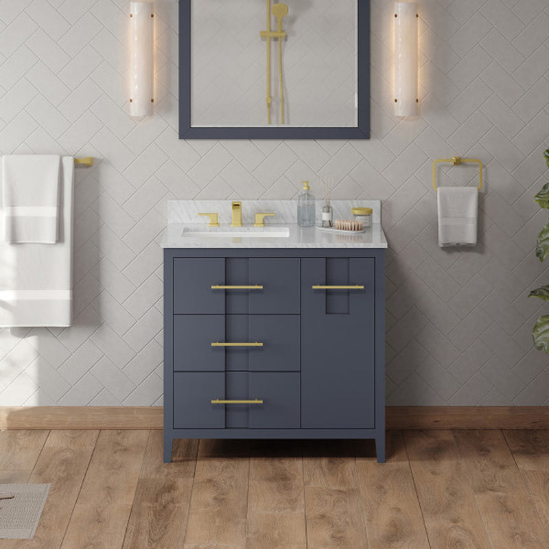 Jeffrey Alexander 36" Blue Steel Katara left offset with White Carrara Marble Vanity Top