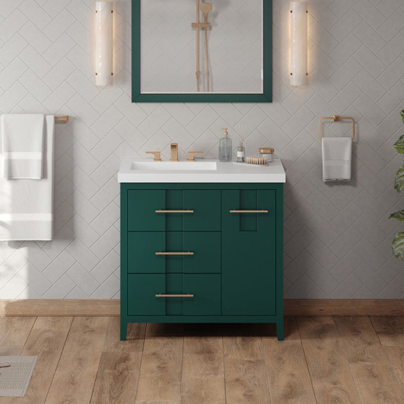 Jeffrey Alexander 36" Forest Green Katara left offset with Lavante Cultured Marble Vessel Vanity Top