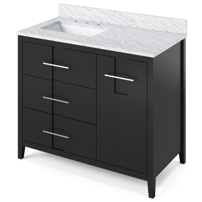 Jeffrey Alexander 42" Black Katara left offset with White Carrara Marble Vanity Top Rectangle Bowl