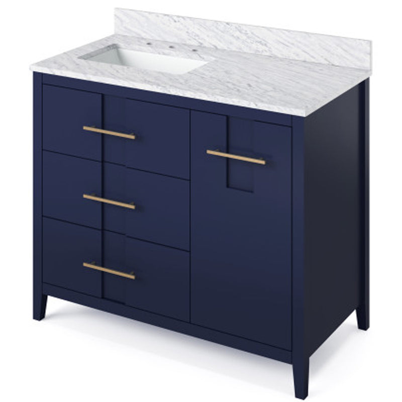 Jeffrey Alexander 42" Hale Blue Katara left offset with White Carrara Marble Vanity Top Rectangle Bowl