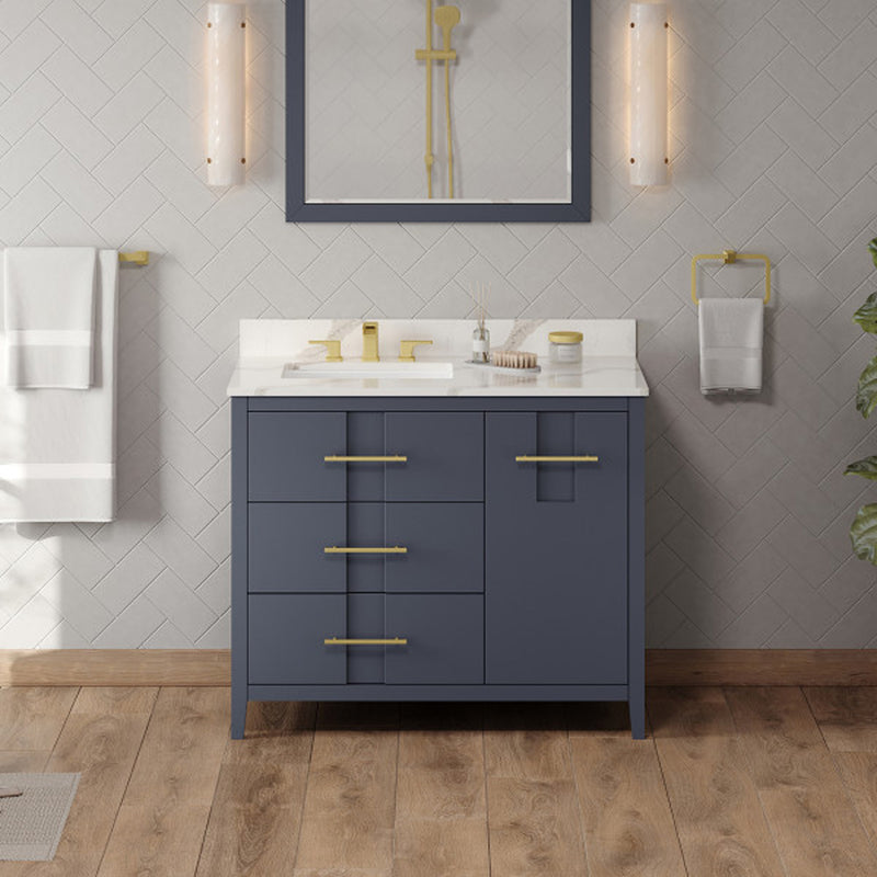 Jeffrey Alexander 42" Blue Steel Katara left offset with Calacatta Vienna Quartz Vanity Top