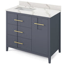 Jeffrey Alexander 42" Blue Steel Katara left offset with Calacatta Vienna Quartz Vanity Top