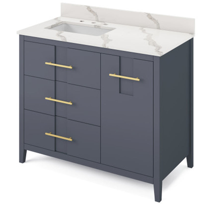 Jeffrey Alexander 42" Blue Steel Katara left offset with Calacatta Vienna Quartz Vanity Top