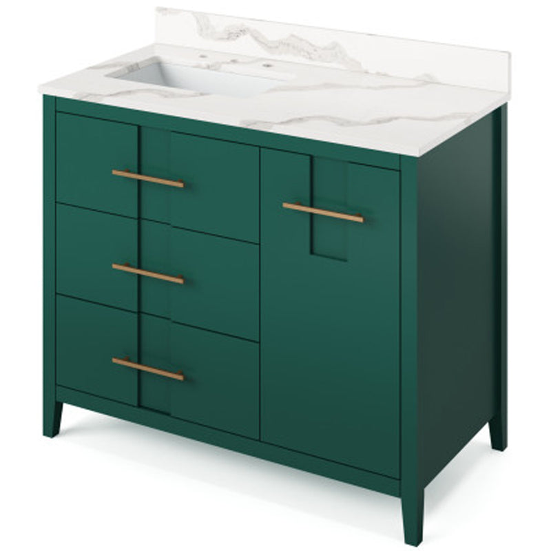 Jeffrey Alexander 42" Forest Green Katara left offset with Calacatta Vienna Quartz Vanity Top