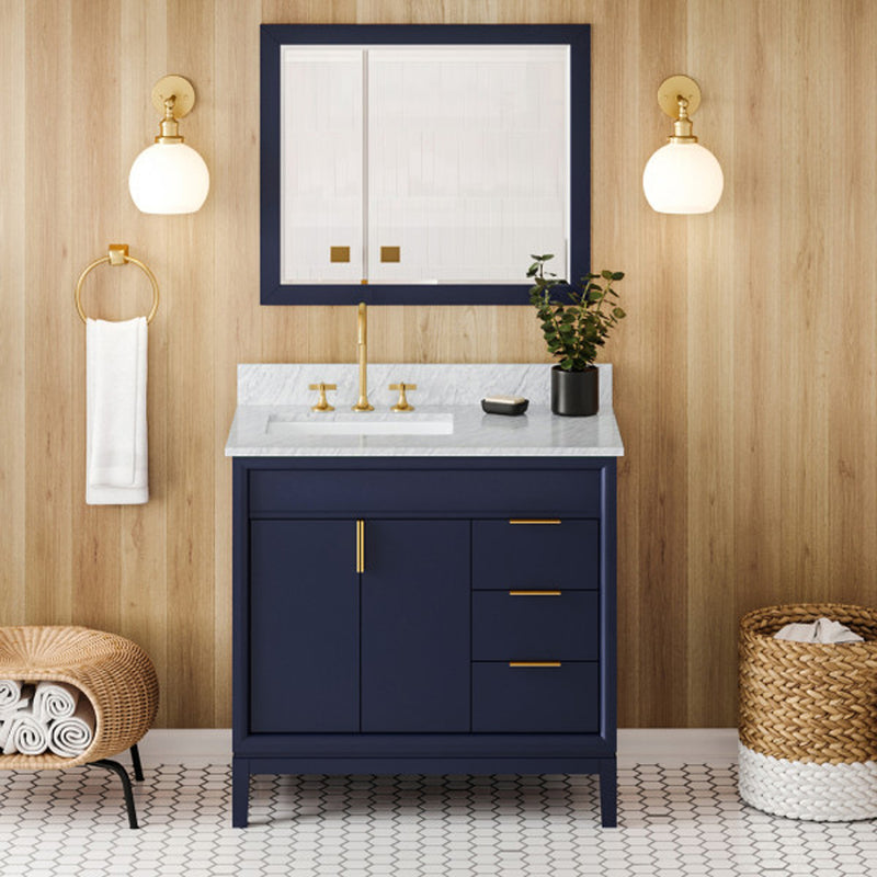 Jeffrey Alexander 36" Hale Blue Theodora left offset with White Carrara Marble Vanity Top