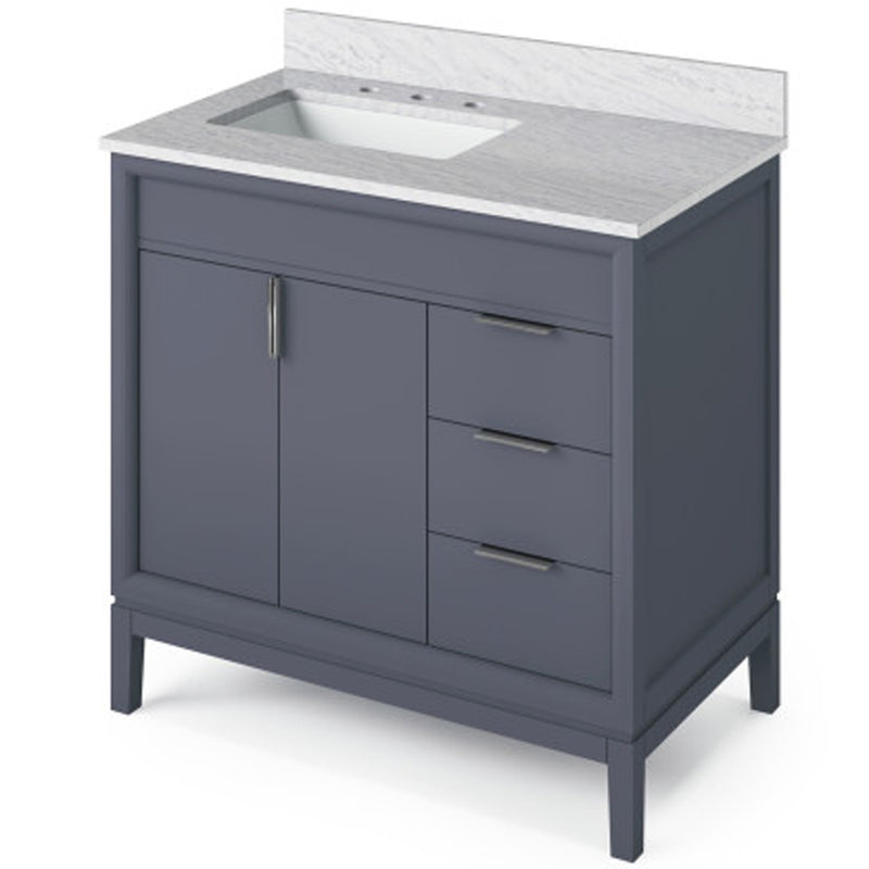 Jeffrey Alexander 36" Blue Steel Theodora left offset with White Carrara Marble Vanity Top Rectangle Bowl