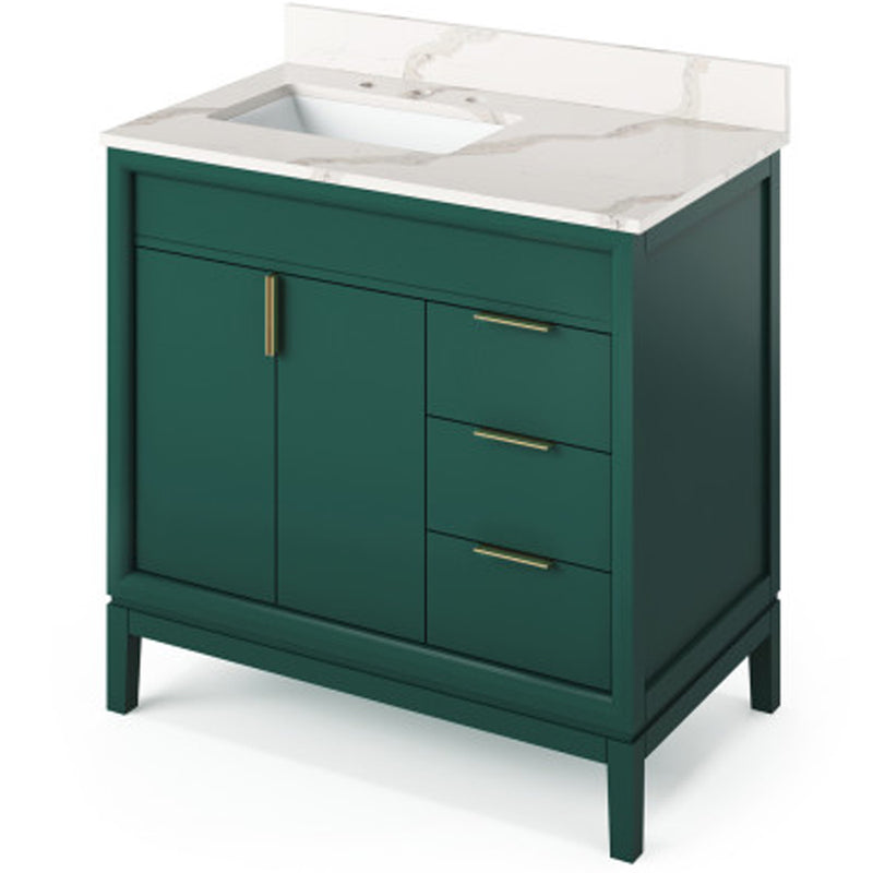 Jeffrey Alexander 36" Forest Green Theodora left offset with Calacatta Vienna Quartz Vanity Top Rectangle Bowl