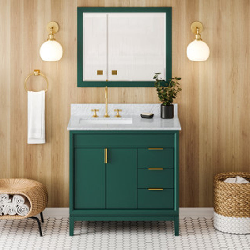 Jeffrey Alexander 36" Forest Green Theodora left offset with White Carrara Marble Vanity Top