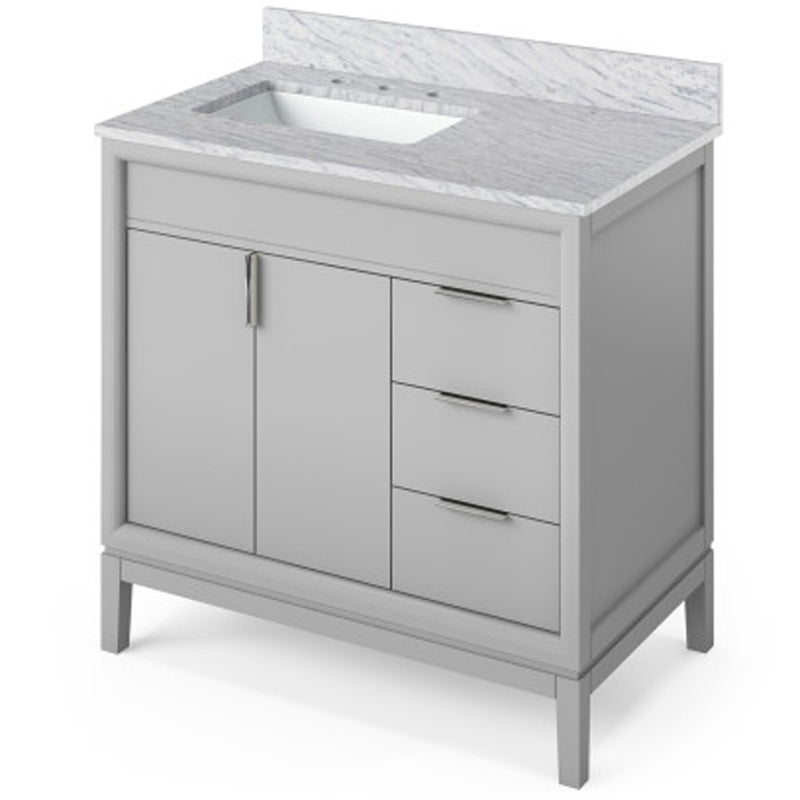 Jeffrey Alexander 36" Grey Theodora left offset with White Carrara Marble Vanity Top Rectangle Bowl