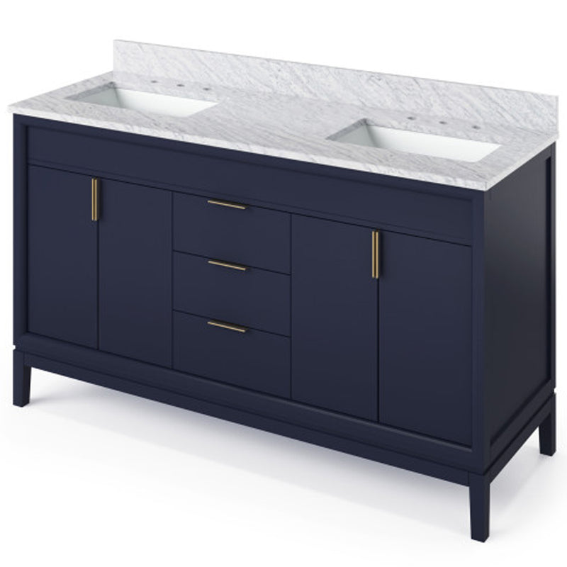 Jeffrey Alexander 60" Hale Blue Theodora Vanity Double bowl with White Carrara Marble Vanity Top