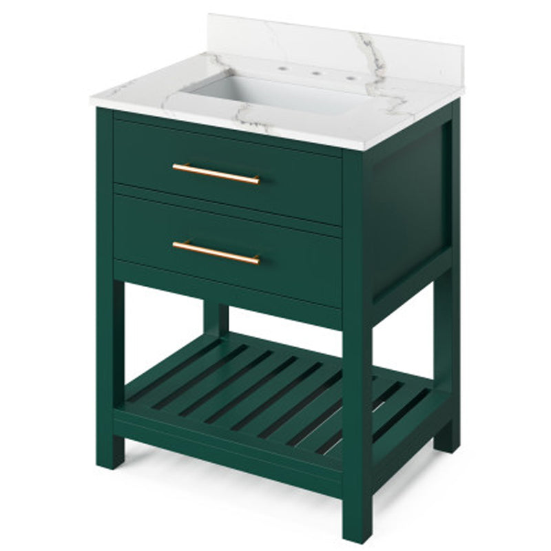 Jeffrey Alexander 30" Forest Green Wavecrest Vanity Calacatta Vienna Quartz Vanity Top Undermount Rectangle Bowl VKITWAV30GNCQR