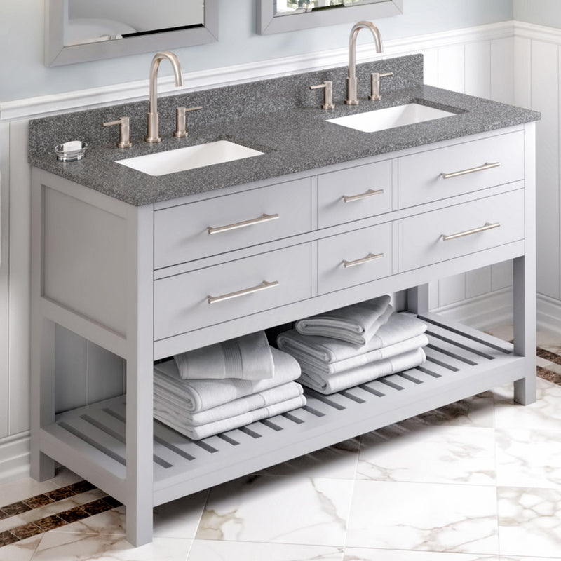 Jeffrey Alexander 60" Gray Wavecrest Vanity Double Bowl Boulder Cultured Marble Vanity Top Two Undermount Rectangle Bowls VKITWAV60GRBOR