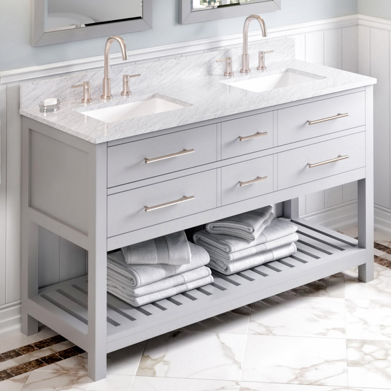 Jeffrey Alexander 60" Gray Wavecrest Vanity Double Bowl White Carrara Marble Vanity Top Two Undermount Rectangle Bowls VKITWAV60GRWCR