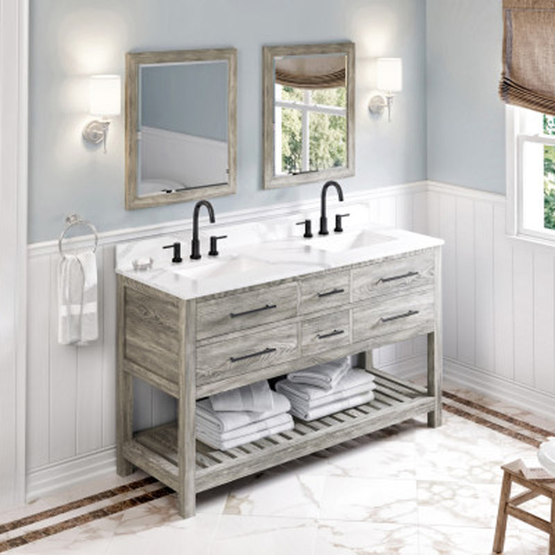 Jeffrey Alexander 60" Weathered Grey Wavecrest double bowl Vanity Top