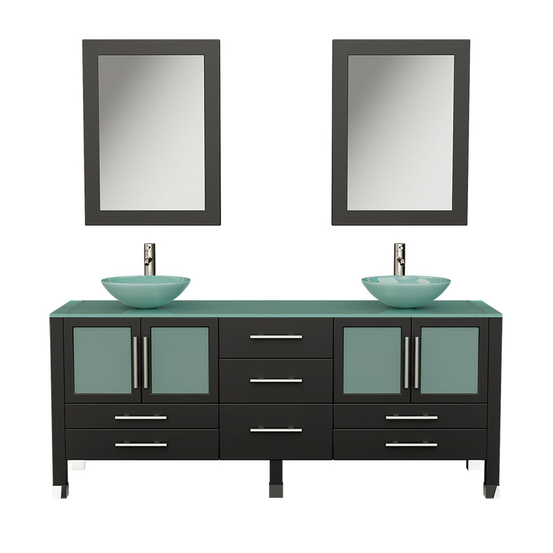 Cambridge Plumbing 71" Solid Wood & Glass Double Vessel Sink Vanity, BN Faucets