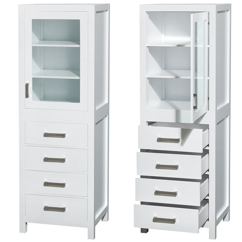 Wyndham Sheffield 24" Linen Tower In White with Shelved Cabinet Storage and 4 Drawers WCS1414LTWH