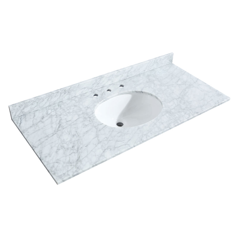 Wyndham Deborah 48" Single Bathroom Vanity In White with White Carrara Marble Countertop Undermount Oval Sink Brushed Gold Trims and 46" Mirror WCS202048SWGCMUNOM46