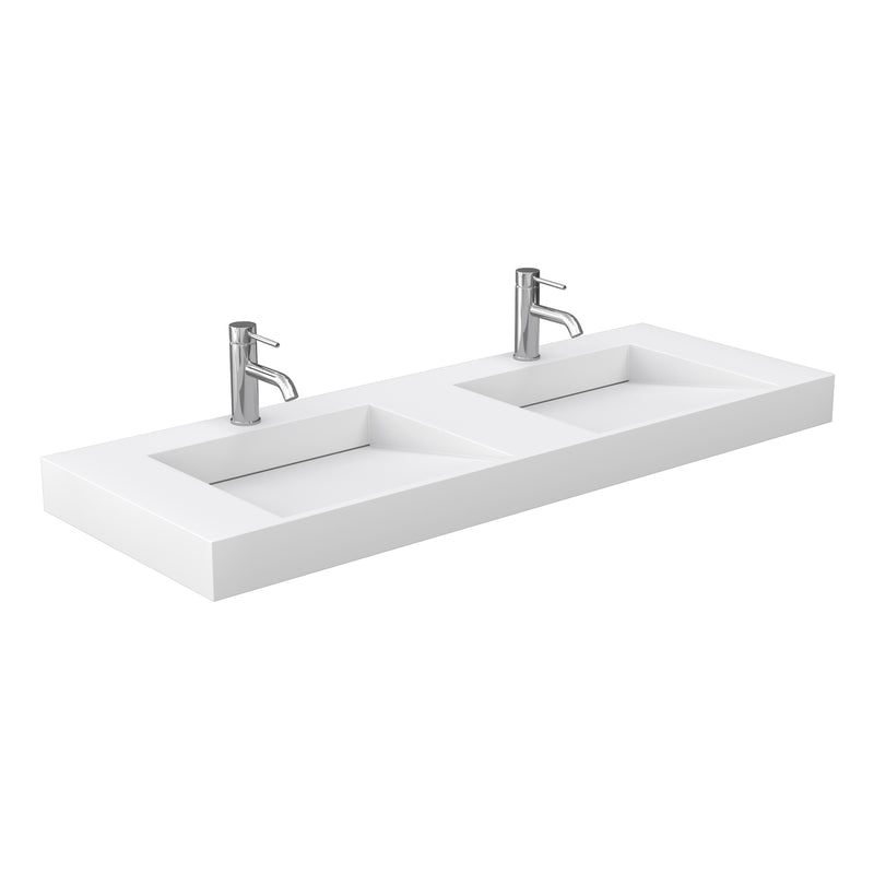 Wyndham Miranda 60" Double Bathroom Vanity In White Matte White Solid Surface In 4" Thickness Integrated Sinks Brushed Nickel Trims and 58" Mirror WCF292960DWHK4INTM58