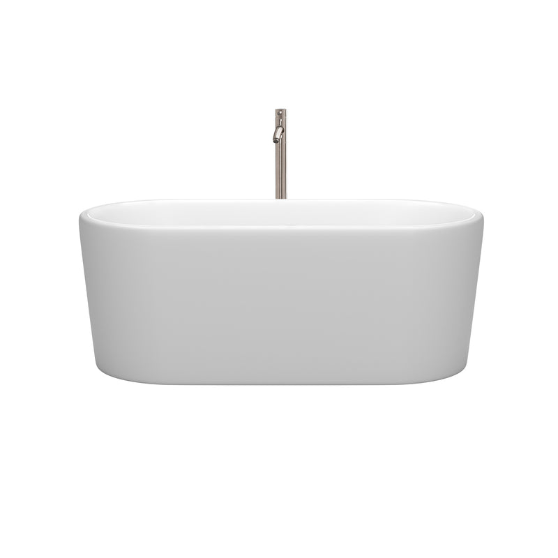 Wyndham Ursula 59" Soaking Bathtub in Matte White with Floor Mounted Faucet Drain and Overflow Trim in Brushed Nickel WCBTE301159MWATP11BN