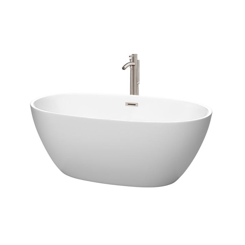 Wyndham Juno 59" Soaking Bathtub In Matte White With Floor Mounted Faucet Drain And Overflow Trim In Brushed Nickel WCBTE306159MWATP11BN