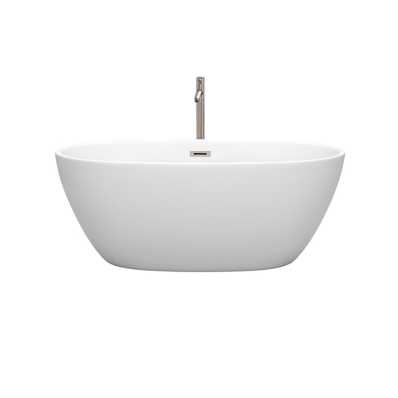 Wyndham Juno 59" Soaking Bathtub in Matte White with Floor Mounted Faucet Drain and Overflow Trim in Brushed Nickel WCBTE306159MWATP11BN