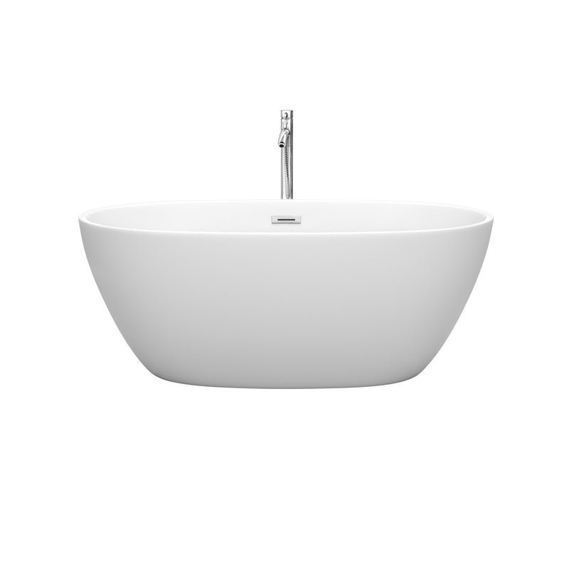 Wyndham Juno 59" Soaking Bathtub in Matte White with Floor Mounted Faucet Drain and Overflow Trim in Polished Chrome WCBTE306159MWATP11PC