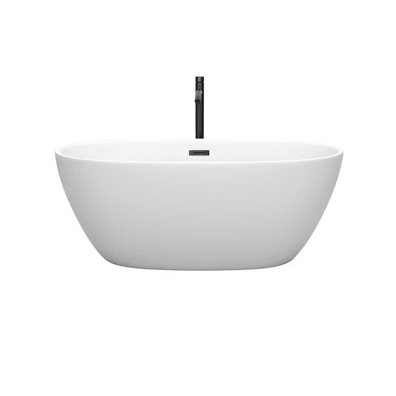 Wyndham Juno 59" Soaking Bathtub in Matte White with Floor Mounted Faucet Drain and Overflow Trim in Matte Black WCBTE306159MWMBATPBK