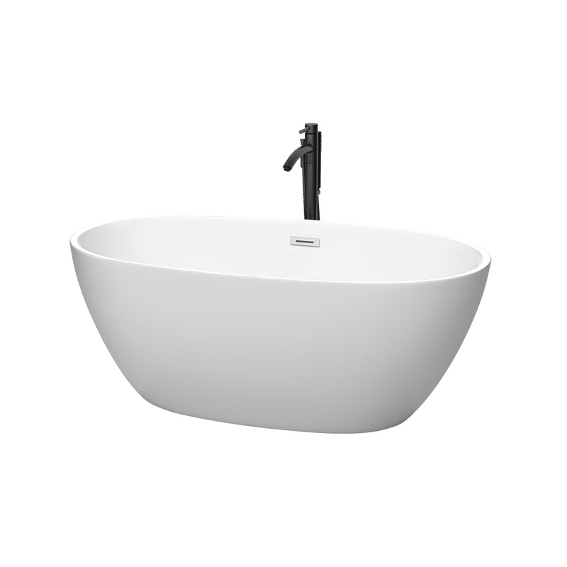 Wyndham Juno 59" Soaking Bathtub In Matte White With Polished Chrome Trim And Floor Mounted Faucet In Matte Black WCBTE306159MWPCATPBK