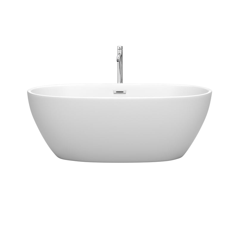 Wyndham Juno 63" Soaking Bathtub in Matte White with Floor Mounted Faucet Drain and Overflow Trim in Polished Chrome WCBTE306163MWATP11PC