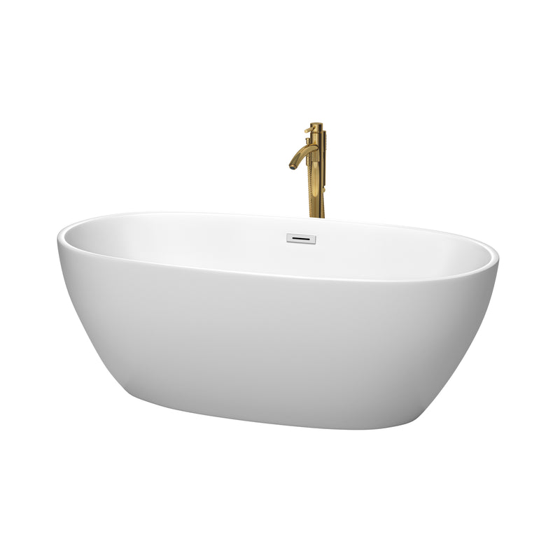 Wyndham Juno 63" Soaking Bathtub In Matte White With Polished Chrome Trim And Floor Mounted Faucet In Brushed Gold WCBTE306163MWPCATPGD