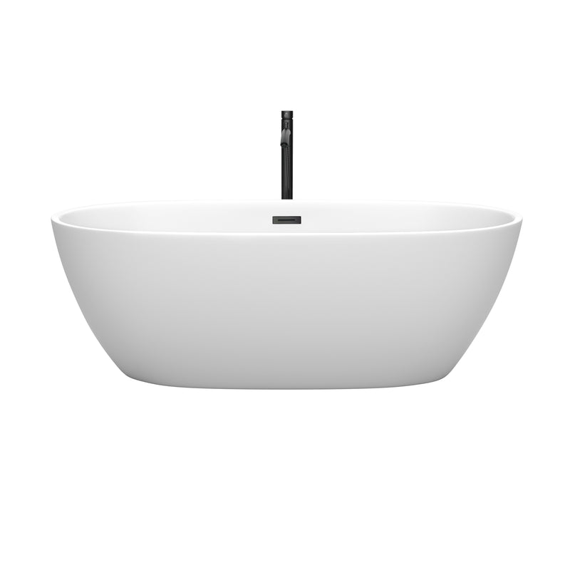 Wyndham Juno 67" Soaking Bathtub in Matte White with Floor Mounted Faucet Drain and Overflow Trim in Matte Black WCBTE306167MWMBATPBK