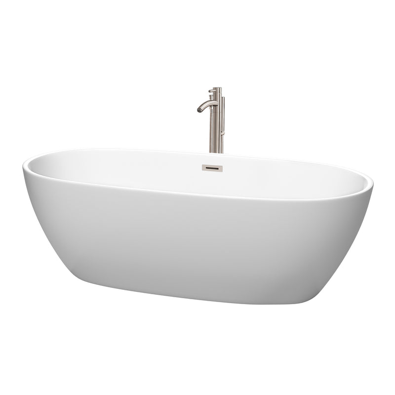 Wyndham Juno 71" Soaking Bathtub In Matte White With Floor Mounted Faucet Drain And Overflow Trim In Brushed Nickel WCBTE306171MWATP11BN