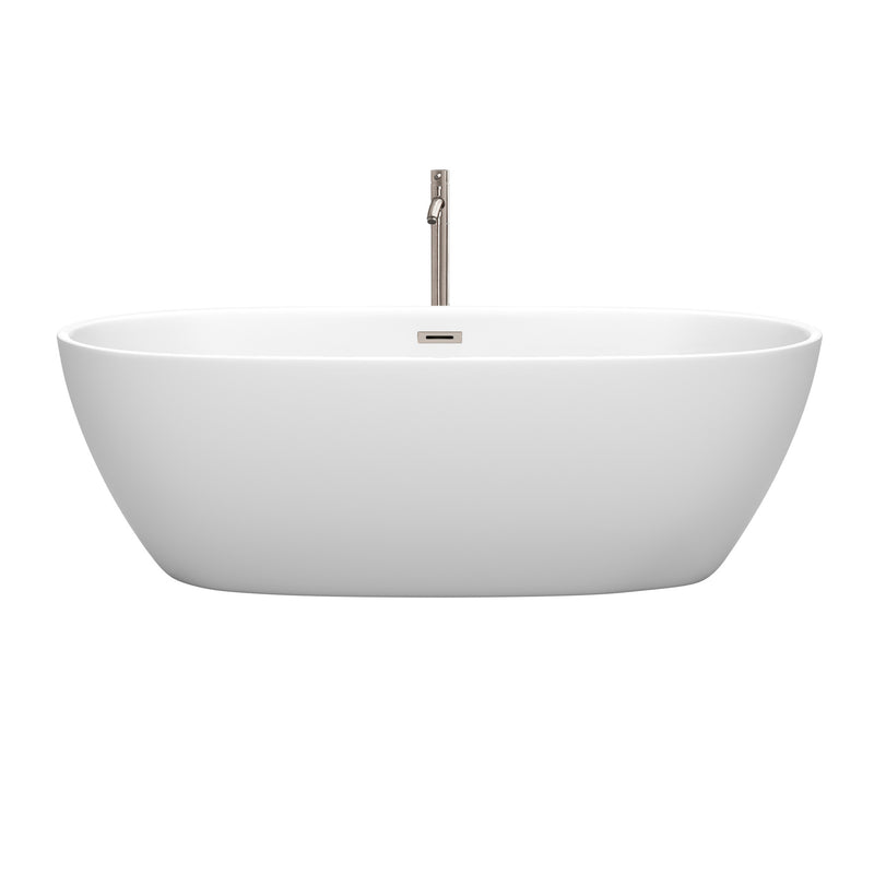 Wyndham Juno 71" Soaking Bathtub in Matte White with Floor Mounted Faucet Drain and Overflow Trim in Brushed Nickel WCBTE306171MWATP11BN