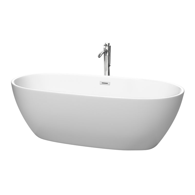 Wyndham Juno 71" Soaking Bathtub In Matte White With Floor Mounted Faucet Drain And Overflow Trim In Polished Chrome WCBTE306171MWATP11PC