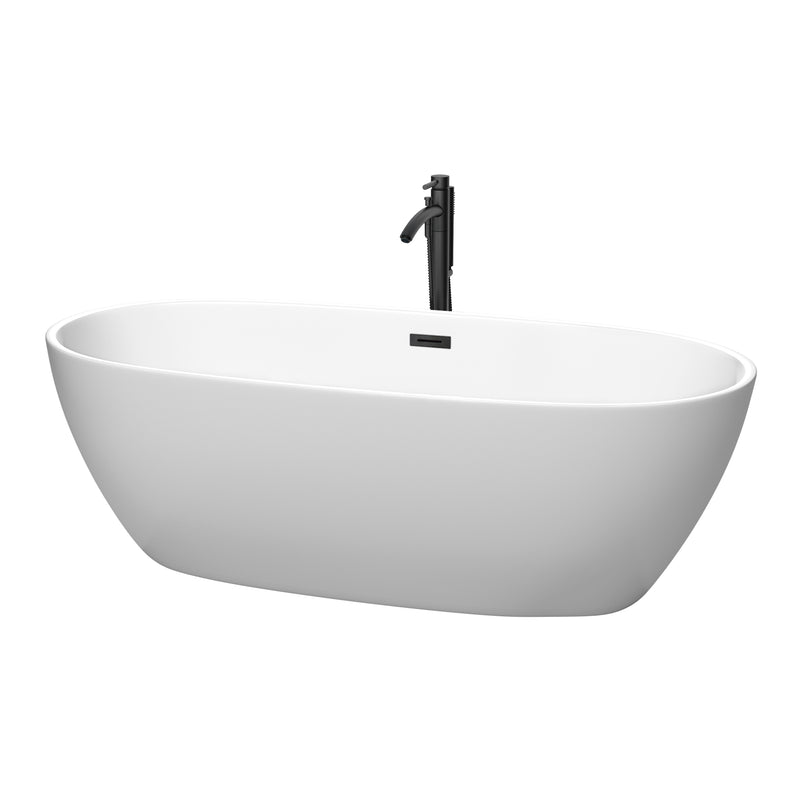 Wyndham Juno 71" Soaking Bathtub In Matte White With Floor Mounted Faucet Drain And Overflow Trim In Matte Black WCBTE306171MWMBATPBK